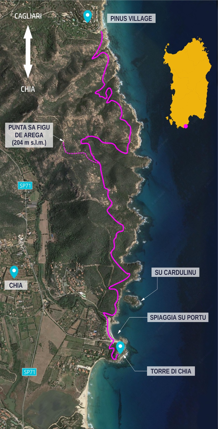 Antica strada romana Nora-Chia, mappa