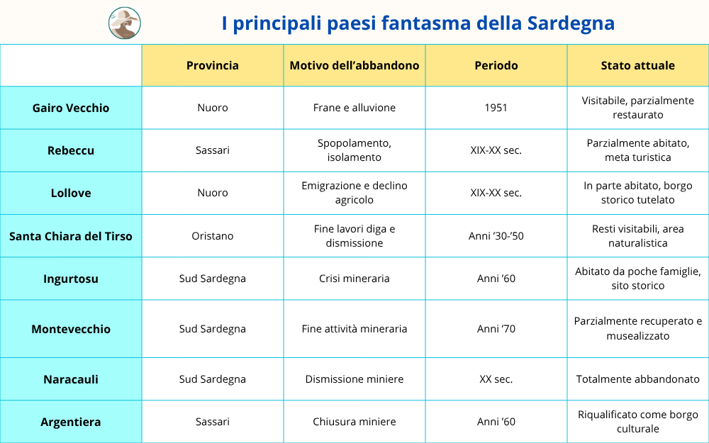 Tabella paesi fantasma della Sardegna